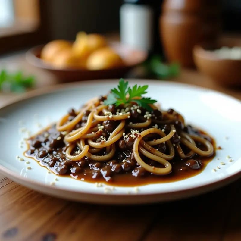 Plato blanco con pasta de lentejas negras al dente, bañada en una salsa oscura y brillante de hongos shiitake, decorada con perejil fresco picado y semillas de sésamo tostadas. Receta sin gluten en airfryer.