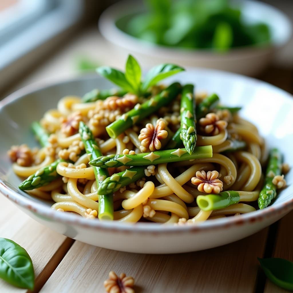 Plato hondo blanco con pasta de lentejas pardinas de textura cremosa, cubierta con salsa de pesto verde de espárragos y nueces, decorada con puntas de espárragos trigueros y nueces picadas. Receta keto en Thermomix, alta en proteína y sin gluten.