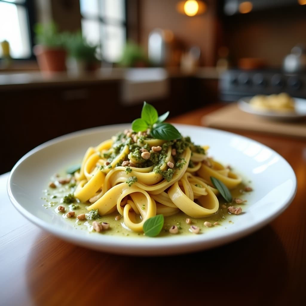 Plato hondo de cerámica blanca con pasta de lentejas rojas bañada en un pesto cremoso de color lila intenso, hecho con coliflor rohan y nueces. Decorado con nueces picadas y hojas de albahaca fresca, con un fondo rústico de madera.
