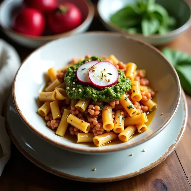 Plato blanco con pasta de lentejas rojas al dente, bañada en un pesto cremoso de color verde pálido con trocitos de rábano y almendras tostadas. Decorado con hojas de menta fresca y almendras fileteadas, sobre un mantel rústico de lino.