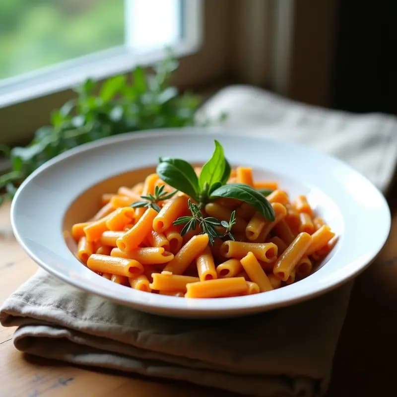 Plato hondo de cerámica blanca con pasta de lentejas rojas cremosa, hierbas Provenzales espolvoreadas y hojas de albahaca fresca, receta francesa sin gluten en Thermomix.