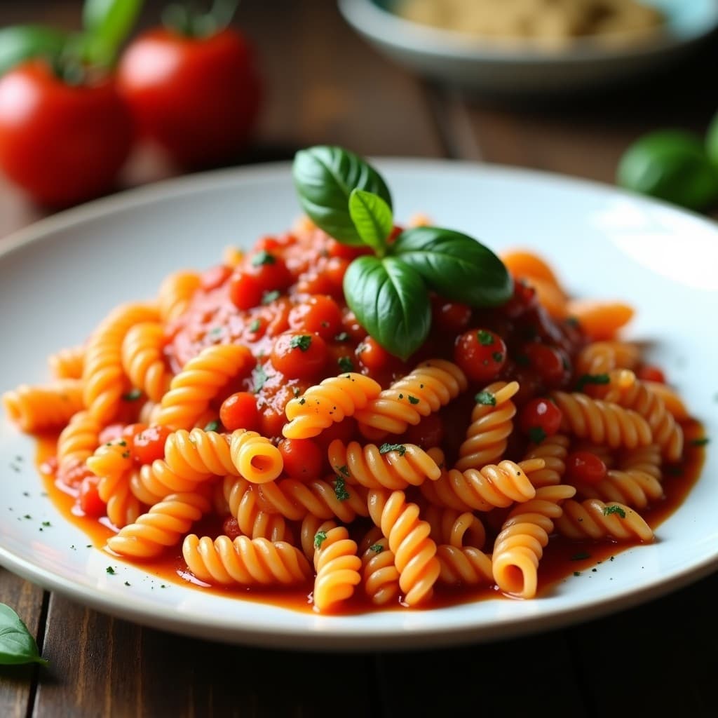 Plato blanco con pasta de lentejas rojas en forma de espiral, bañada en salsa de tomate casera brillante, decorada con hojas de albahaca fresca y un hilo de aceite de oliva virgen extra. Receta vegana y sin gluten.