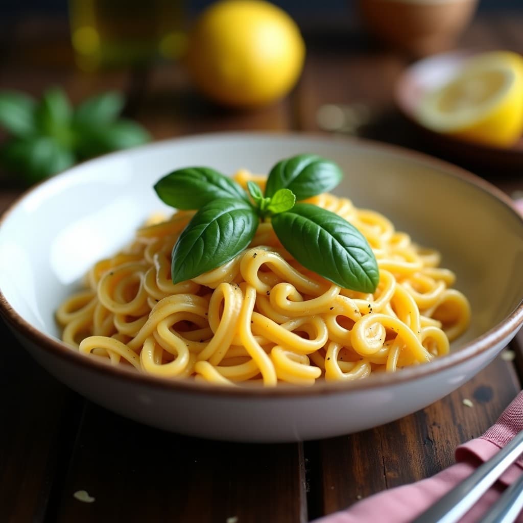 Plato hondo blanco con pasta de lentejas rojas bañadas en una salsa alfredo de coliflor cremosa y brillante, decorada con espinacas frescas y un hilo de aceite de oliva. Receta italiana keto y sin lácteos.