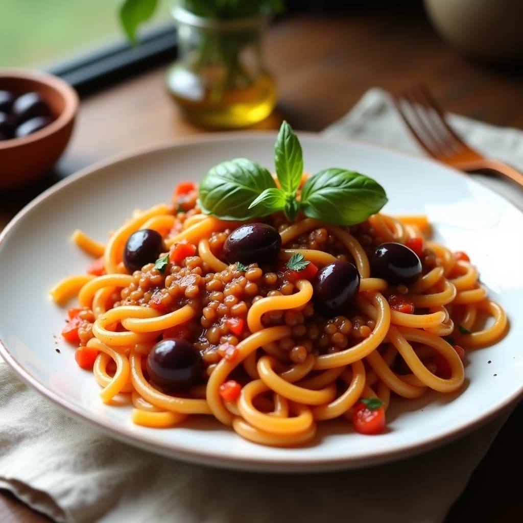 Plato blanco con pasta de lentejas de color terroso, bañada en una salsa roja de tomate y trozos de aceitunas Kalamata negras. Decorada con hojas de albahaca fresca y un chorrito de aceite de oliva. Fondo rústico con mantel de lino y utensilios de madera.