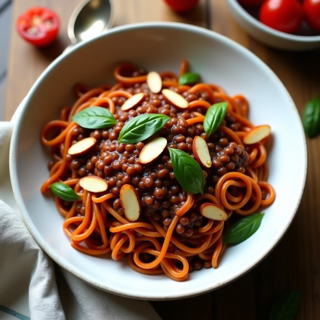 Plato hondo de cerámica blanca con pasta de lentejas pardinas y salsa de tomate seco, decorada con almendras fileteadas y hojas de albahaca fresca. Receta sin gluten y alta en hierro preparada en Thermomix.