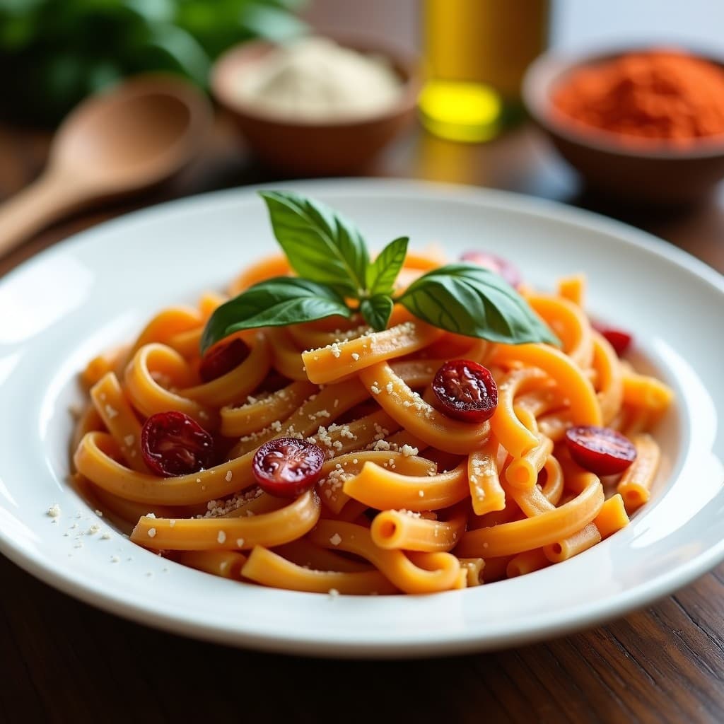 Plato blanco con pasta de lentejas de color dorado claro, decorada con trozos de tomate seco rojo intenso y hojas de albahaca fresca verde. La pasta tiene una textura lisa y brillante, con un toque rústico. Fondo desenfocado con ingredientes como lentejas, harina de garbanzo y aceite de oliva.