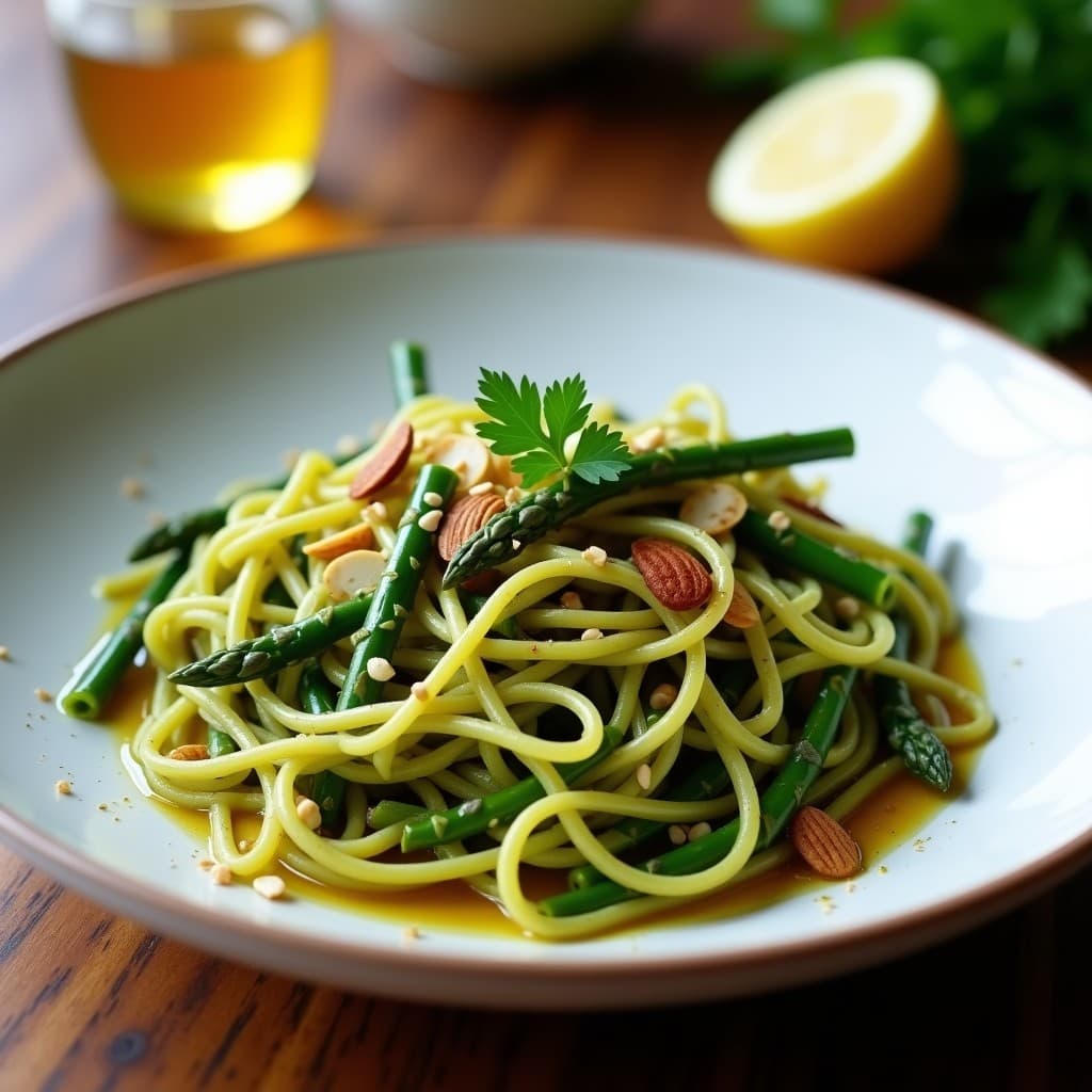Plato hondo de cerámica blanca con pasta de lentejas verdes, espárragos trigueros salteados y vinagreta de azafrán dorada. Decorado con almendras fileteadas tostadas y perejil fresco. Receta griega sin gluten.