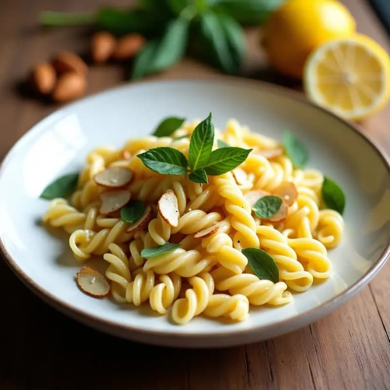 Plato hondo blanco con pasta fusilli al limón, almendras tostadas doradas y hojas de albahaca fresca. Ralladura de limón y aceite de oliva brillando sobre la pasta, fondo rústico de madera.