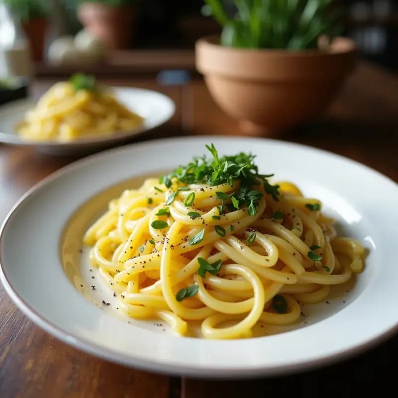 Plato blanco con pasta al limón vegana, espinacas frescas salteadas y piñones dorados tostados. El plato está decorado con ralladura de limón siciliano y un hilo de aceite de oliva virgen extra, resaltando su textura cremosa y colores vibrantes.