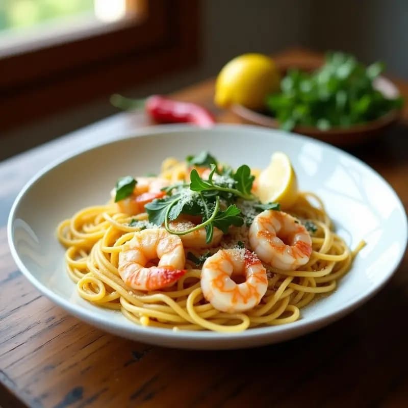 Plato blanco con pasta al limón, gambas rosadas salteadas, rúcula fresca y virutas de parmesano, decorado con rodaja de limón y perejil.