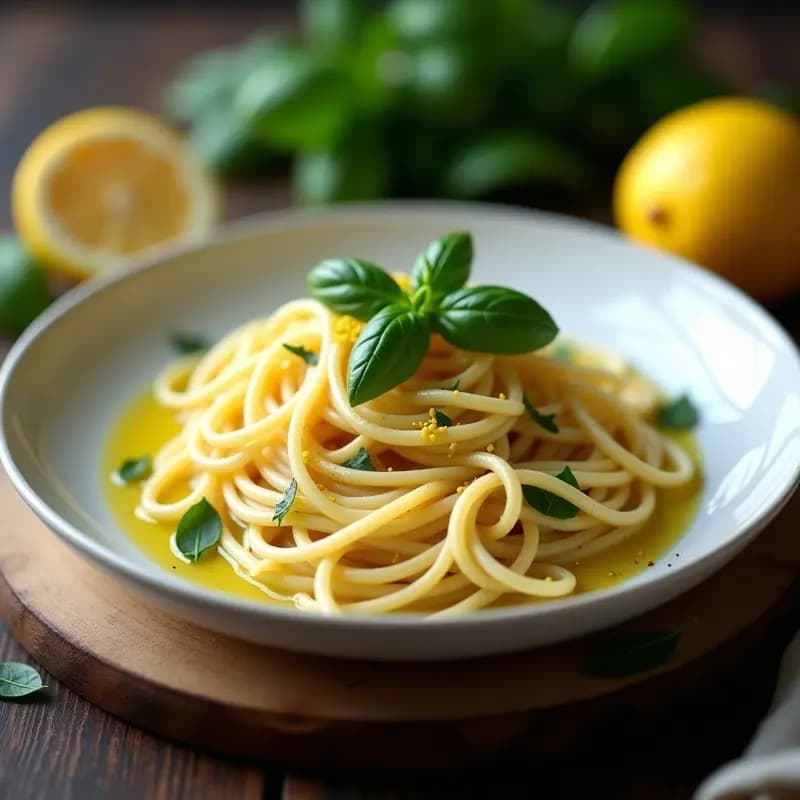 Plato hondo blanco con pasta spaghetti integral bañada en una salsa cremosa de color amarillo pálido, decorada con hojas verdes de albahaca fresca y ralladura de limón. Receta de pasta al limone vegana y cremosa.