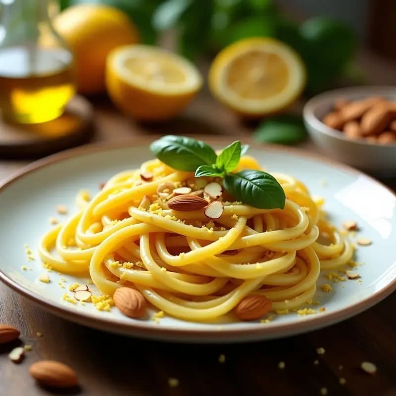 Plato hondo de cerámica blanca con pasta al limone integral, bañada en una salsa cremosa de color amarillo pálido, coronada con almendras fileteadas doradas y perejil fresco. Ralladura de limón y virutas de guindilla decoran el plato, con un fondo rústico de madera y limones cortados.