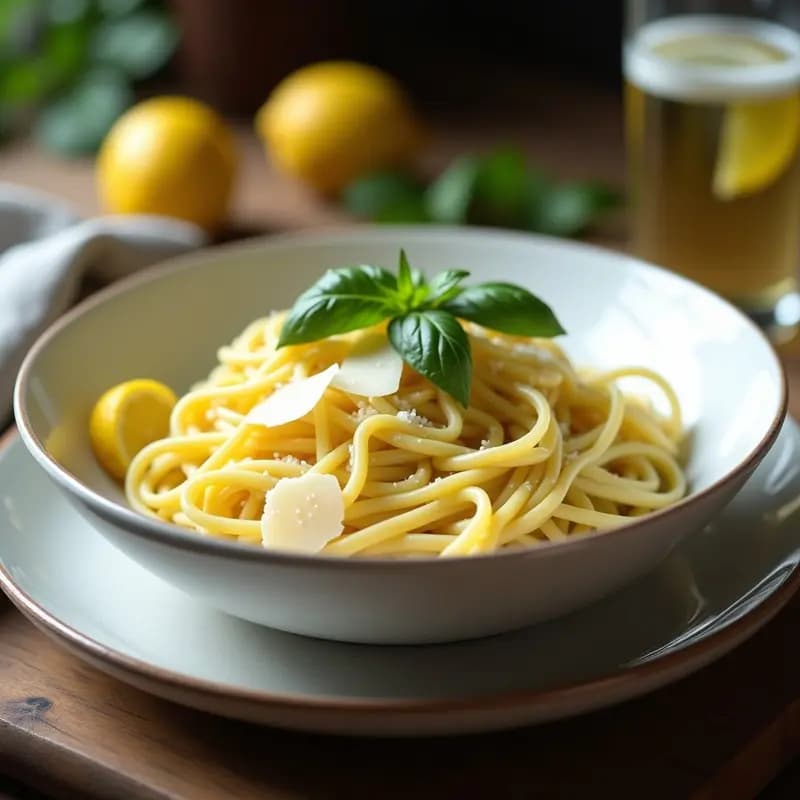 Plato hondo blanco con pasta al limone cremosa, bañada en salsa amarilla brillante con toques dorados, decorada con virutas finas de parmesano, hojas de albahaca fresca y una rodaja de limón al lado. Receta italiana gourmet con gin tonic.