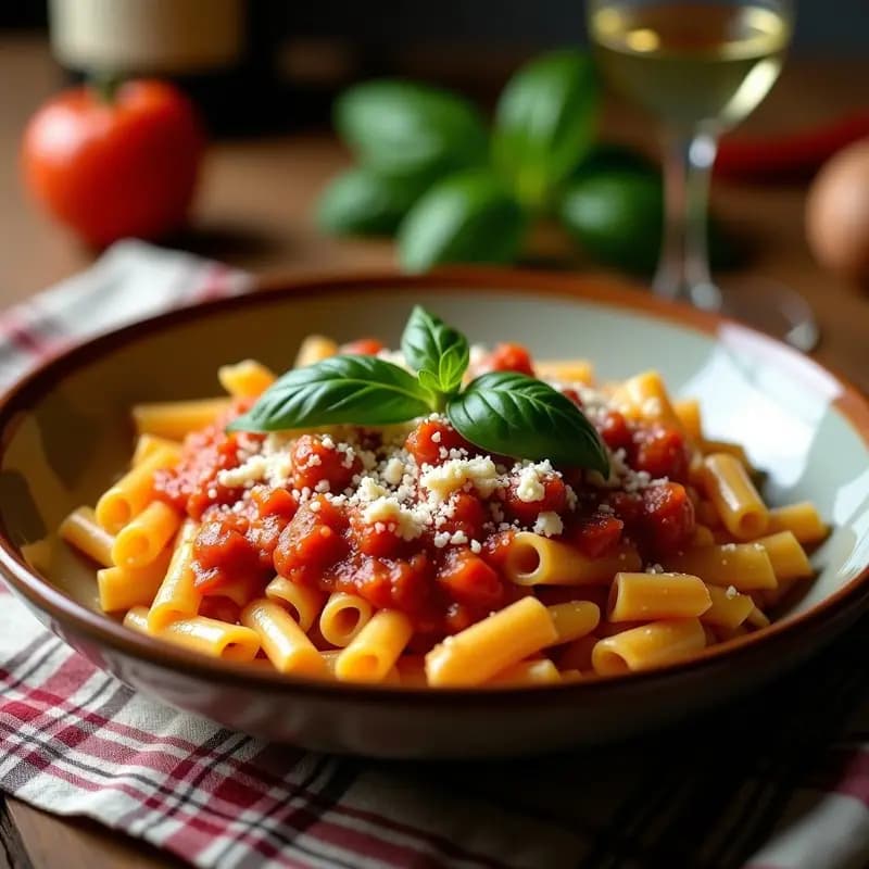 Plato hondo de cerámica blanca con pasta bucatini bañada en salsa de tomate natural, trozos dorados de panceta ahumada y queso pecorino rallado. Decorado con hojas de albahaca fresca y un hilo de aceite de oliva. Receta tradicional italiana de pasta all’a matriciana con panceta ahumada.