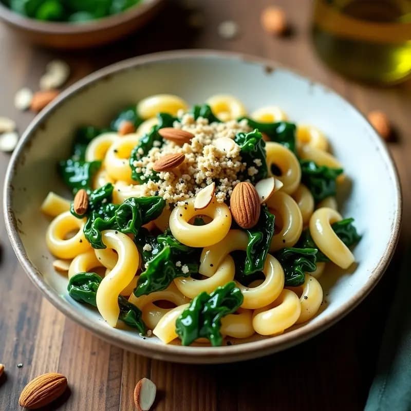 Plato hondo de cerámica blanca con pasta orecchiette doradas, hojas de cime di rapa salteadas, anchoas desmenuzadas y almendras tostadas, receta pugliese italiana tradicional.
