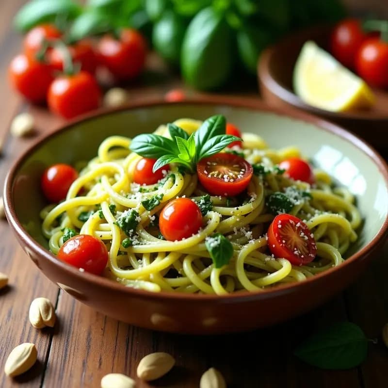 Plato hondo blanco con pasta fusilli al dente cubierta de un vibrante pesto de albahaca y piñones, acompañado de tomates cherry asados dorados y decorado con hojas de albahaca fresca y virutas de queso parmesano.