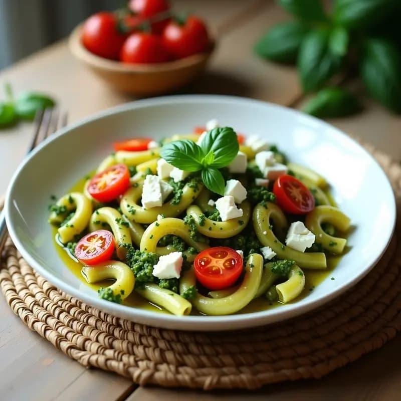 Plato hondo blanco con pasta integral fusilli mezclada con pesto verde de albahaca, trozos cremosos de queso feta griego y tomates cherry dorados salteados. Decorado con hojas de albahaca fresca y alcaparras, con un hilo de aceite de oliva brillante. Receta griega rápida y saludable.