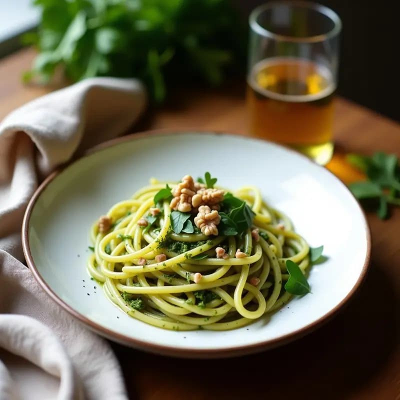 Plato de pasta integral al dente cubierta con un pesto verde vibrante de rúcula y nueces, decorado con nueces picadas y hojas de rúcula fresca. Receta italiana sin lactosa y baja en calorías.