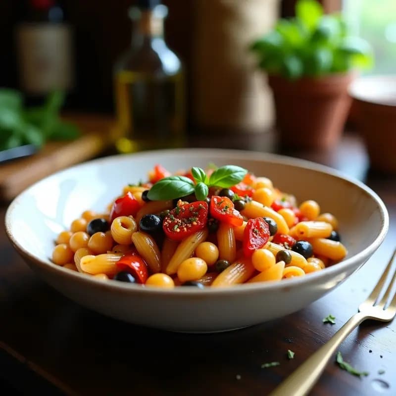 Plato de pasta alla puttanesca vegana con alcaparras y aceitunas negras, servida en un bowl de cerámica blanca sobre fondo rústico de madera, decorada con perejil fresco y virutas de pimiento rojo asado.