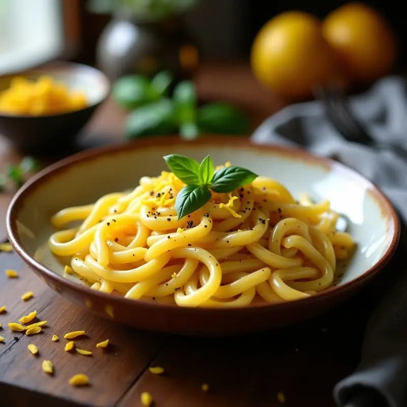 Plato de pasta italiana gourmet con salsa cremosa de alcachofas y azafrán, decorada con almendras tostadas y perejil fresco, servida en un bol de cerámica blanca sobre fondo rústico.