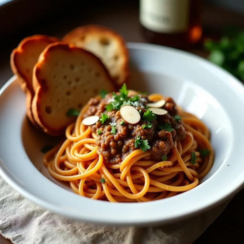 Plato hondo de cerámica blanca con pasta corta tipo penne bañada en una salsa cremosa de anchoas, decorada con cubos dorados de pan tostado, perejil fresco picado y un hilo de aceite de oliva virgen extra, receta italiana de pobreza gourmet.