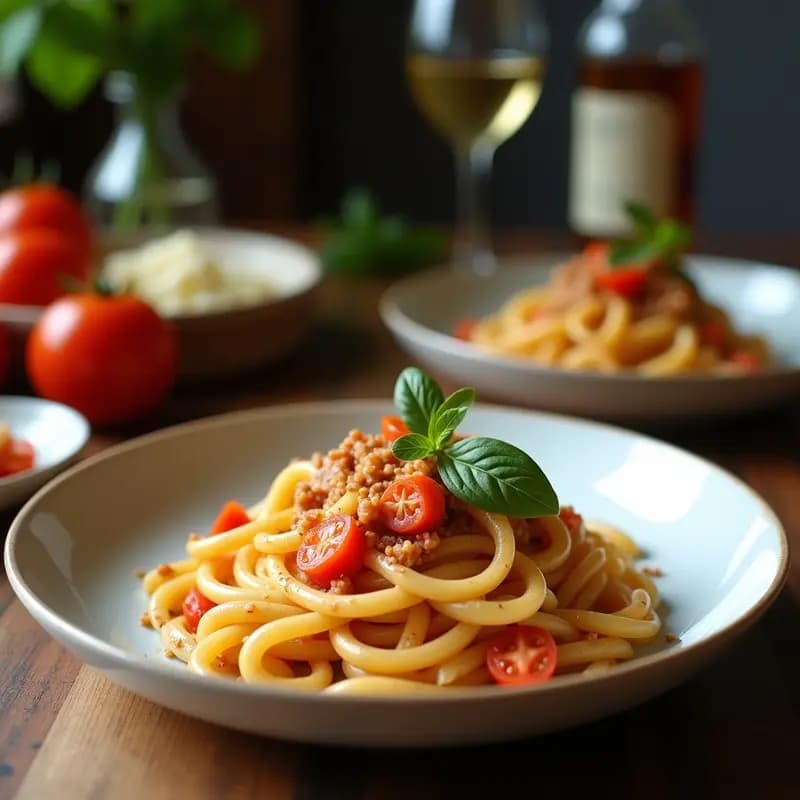 Plato de pasta bucatini con sardinas doradas, pasas de Corinto y piñones tostados, bañados en una salsa agridulce veneciana. Presentado en un plato de cerámica blanca con decoración rústica.