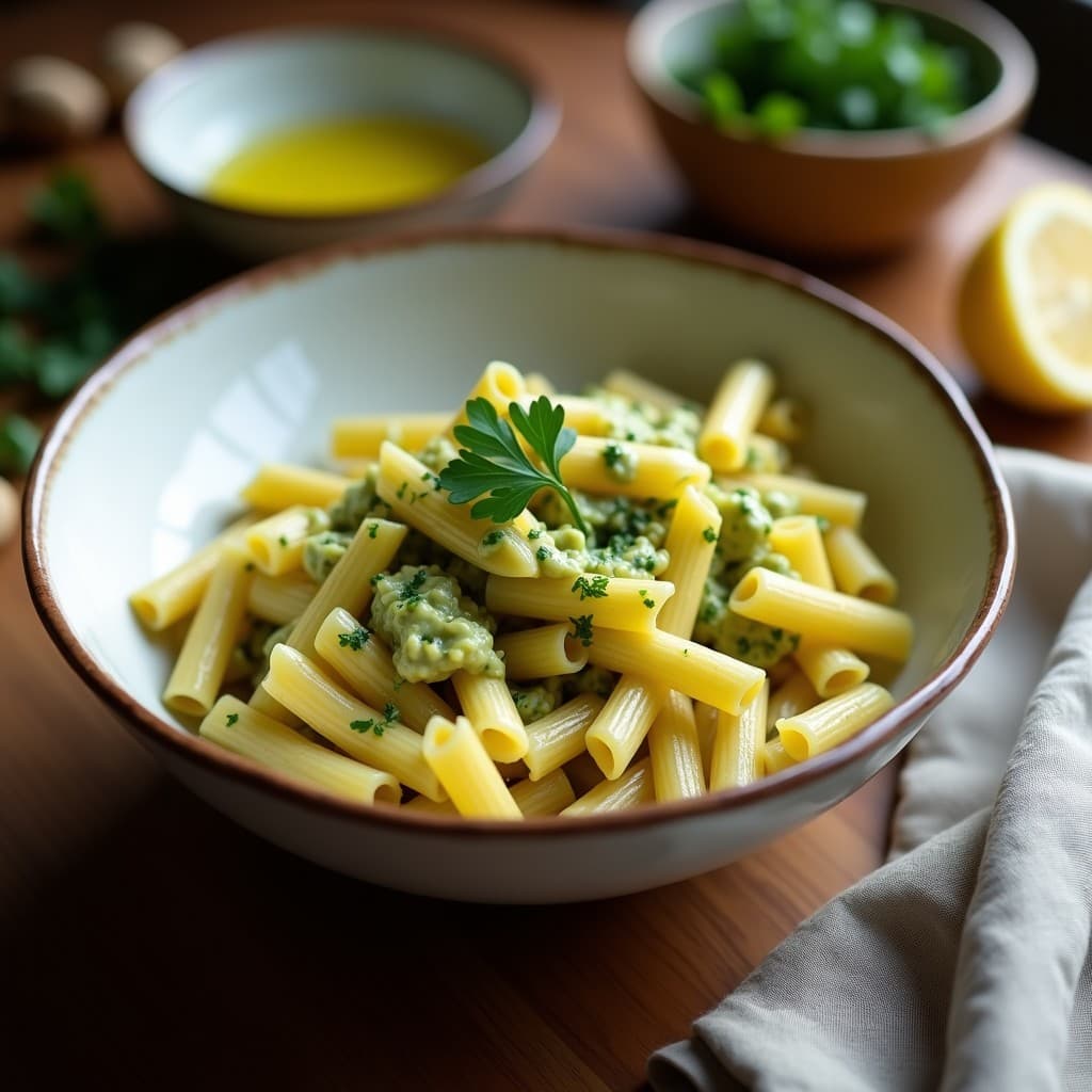 Plato hondo blanco con pasta de sémola de maíz amarilla cubierta de una cremosa salsa verde de pistacho y trozos de alcachofas, decorada con hojas de albahaca fresca y un chorrito de aceite de oliva. Receta italiana sin gluten.