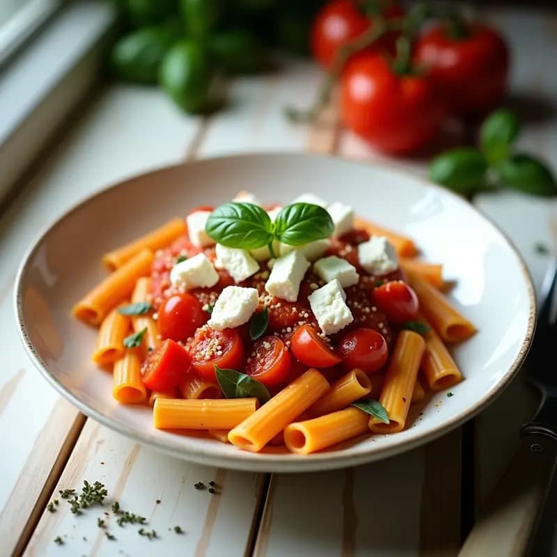 Plato blanco con pasta corta tipo penne mezclada con salsa de tomate fresco, queso feta desmenuzado en trozos cremosos y hojas de albahaca verde. Receta viral griega de pasta con tomate y queso feta en 10 minutos.