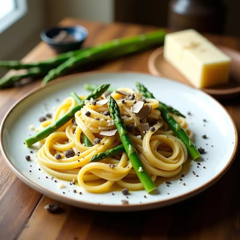 Plato blanco elegante con pasta fresca tagliatelle dorada, espárragos verdes tiernos y láminas de trufa negra rallada, espolvoreada con queso Parmigiano Reggiano. Receta italiana de lujo con trufa negra y espárragos en 20 minutos.