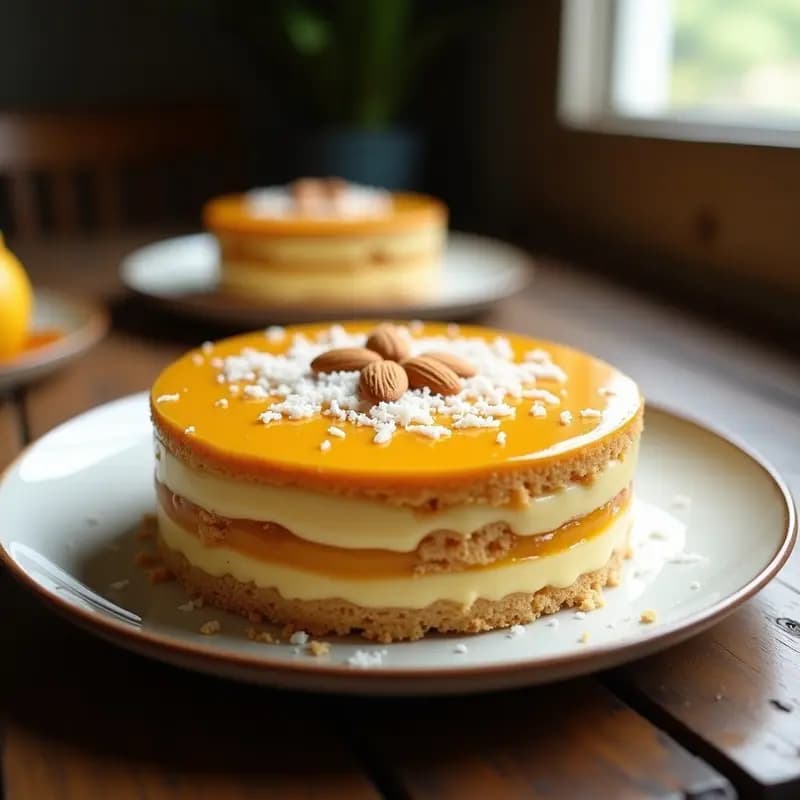 Pastel de alfajor argentino en molde desmontable, con capas visibles de galleta de maicena, crema amarillenta y mermelada de membrillo dorada. Decorado con coco rallado y almendras fileteadas, servido en plato blanco rústico.