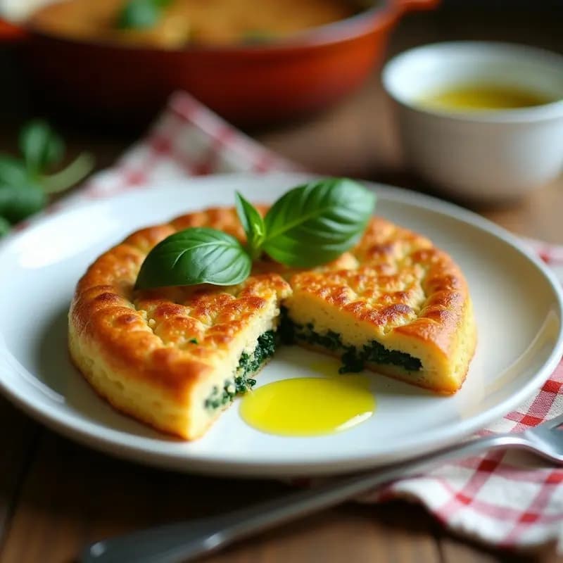 Pastel de atún y espinacas con masa de garbanzo recién horneado en molde redondo, dorado por encima, con textura esponjosa y trozos visibles de espinacas y atún. Servido en plato blanco con fondo rústico de madera.