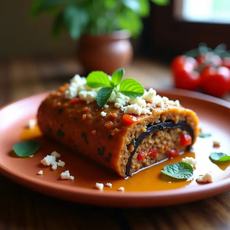 Pastel griego de berenjena y carne picada de soja en olla lenta, con capas visibles de berenjena asada, mezcla de soja especiada y queso feta desmenuzado dorado, servido en un plato rústico de barro con hojas de menta fresca.