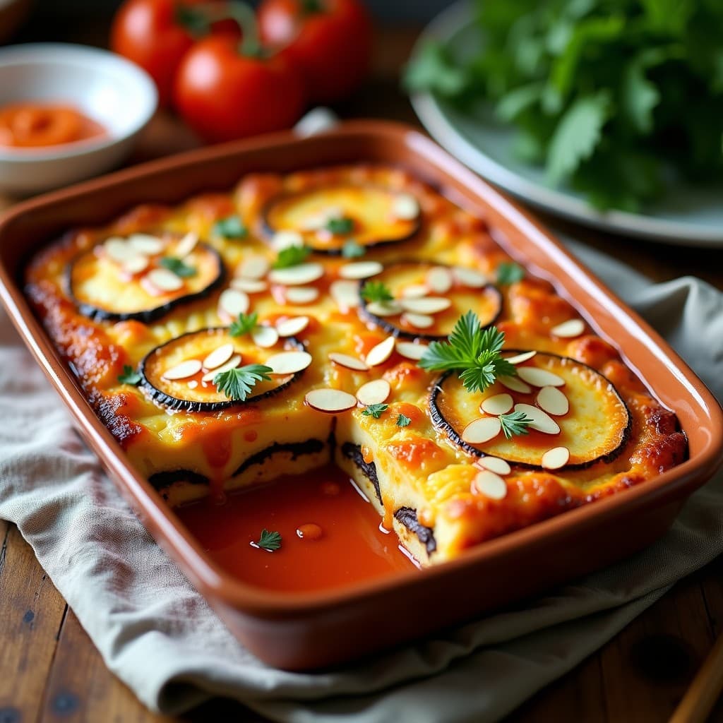 Pastel griego keto de berenjena y queso halloumi en molde rectangular, con capas doradas de berenjena asada y halloumi, cubierto con salsa cremosa de pimentón ahumado y almendras fileteadas, servido en plato rústico.