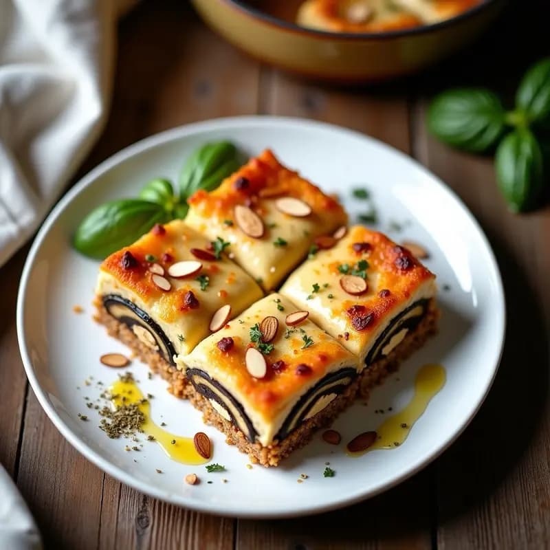 Pastel de berenjena y lentejas corail con béchamel de avena en fuente de barro, capas visibles de berenjena dorada, lentejas rojizas y salsa cremosa espolvoreada con sésamo, servido con hierbas frescas y aceite de oliva.