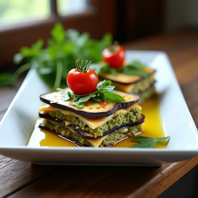 Pastel de berenjena y queso de anacardos con pesto de rúcula en molde rectangular, cortado en porciones y decorado con hojas de rúcula fresca y tomates cherry. Receta de lasaña crudivegana sin horno.