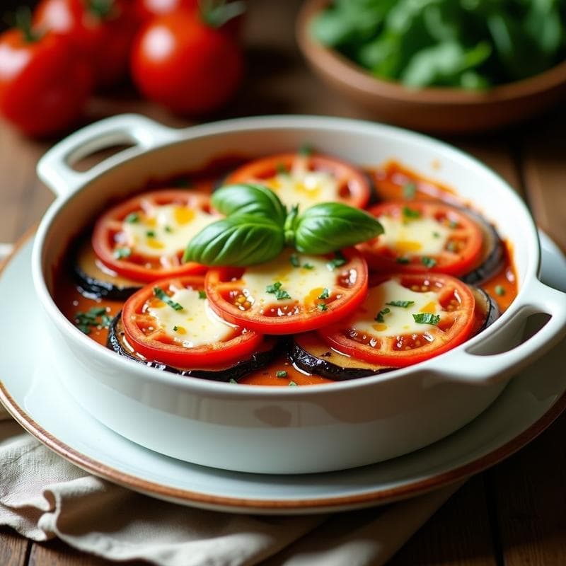 Pastel de berenjenas y tomate al horno, en molde cuadrado, con capas visibles de berenjena dorada, tomate y queso fundido, decorado con hojas de albahaca fresca. Receta italiana sin gluten y keto.