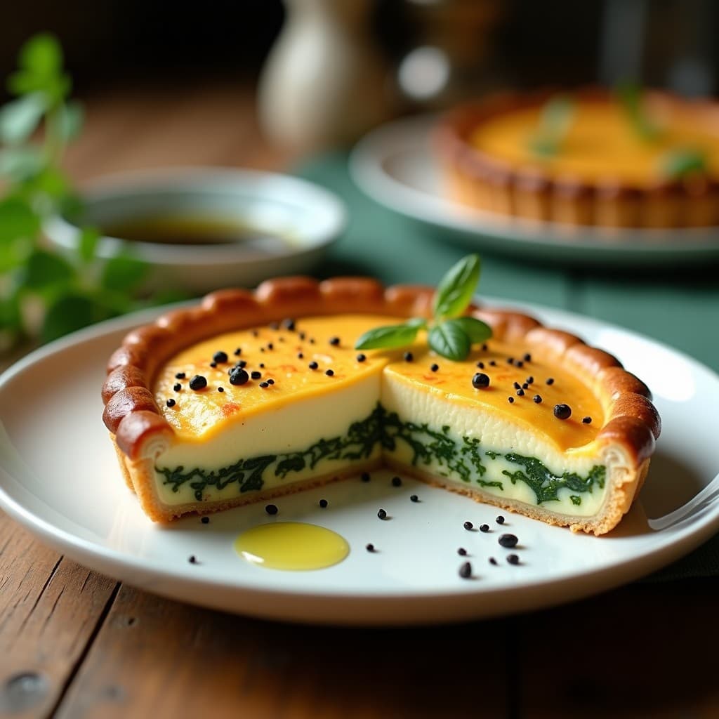 Pastel de berros y queso de cabra con base dorada de almendras, cortado en porciones triangulares. Se aprecián los berros verdes salteados y el queso de cabra cremoso en el interior, espolvoreado con semillas de sésamo. Plato elegante sobre fondo rústico de madera.
