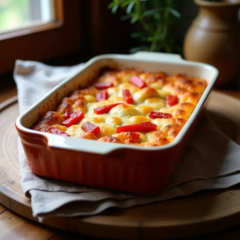 Pastel de bonito y pimientos asados al horno sin gluten, dorado y esponjoso, cortado en porciones sobre un plato de cerámica blanca con perejil fresco espolvoreado y fondo rústico de madera.