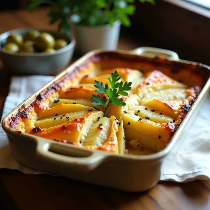 Pastel de cabracho y patata gallega horneado en fuente rectangular, con capas visibles de patata, cebolla y pescado, dorado por encima con queso gratinado y perejil fresco. Receta tradicional marinera.