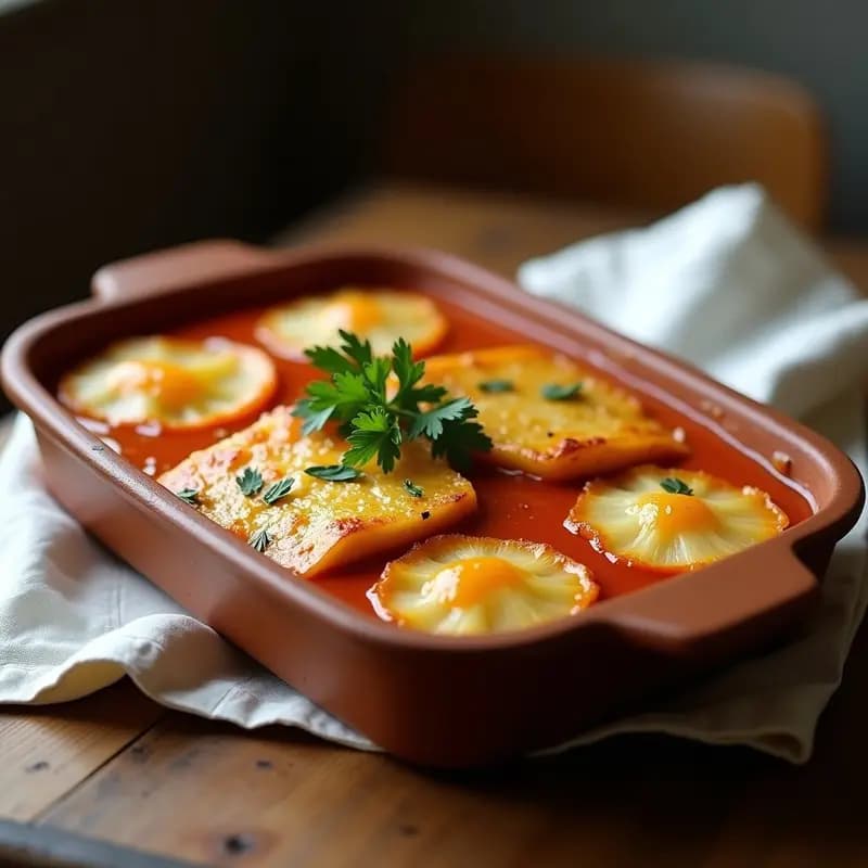 Pastel de cabracho con patatas y ñoras en fuente de barro, dorado por encima, con rodajas de patata visibles y salsa espesa. Plato tradicional vasco servido en porción con perejil fresco.
