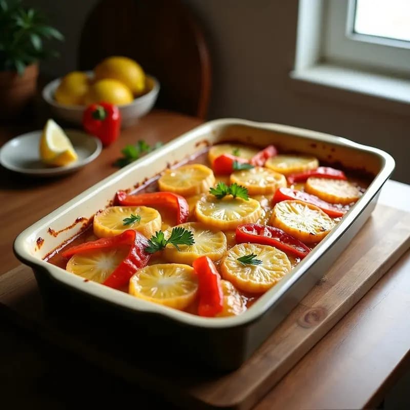 Pastel de cabracho asturiano recién horneado en molde rectangular, con capas visibles de patatas, pimientos asados rojos y filetes de cabracho, dorado por encima y decorado con perejil fresco.