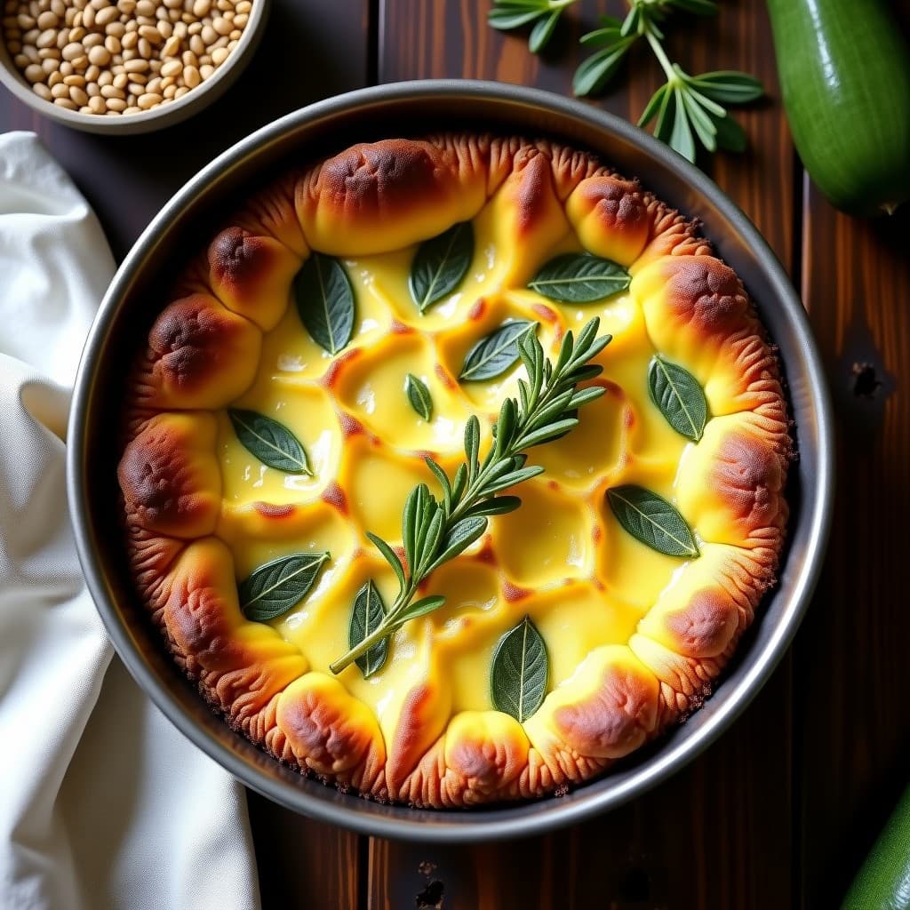 Pastel keto de calabacín y queso de cabra con costra dorada de semillas de girasol, lino y chía, horneado en Airfryer. Presentado en molde redondo con bordes crujientes y trozos de queso fundido visibles.