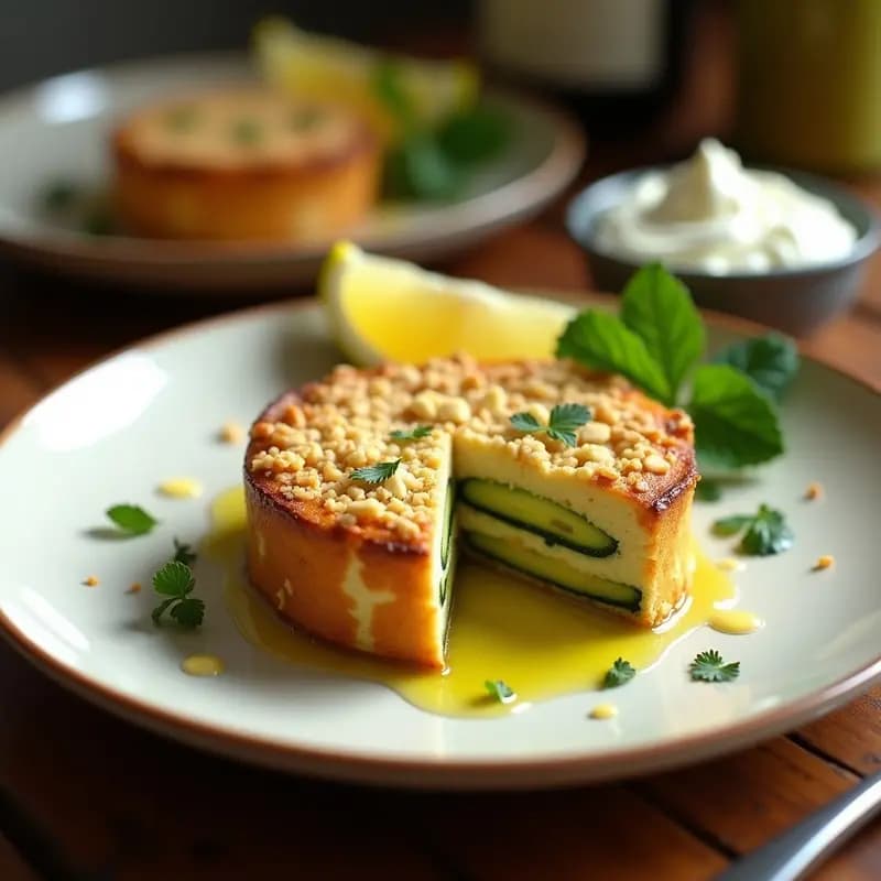 Pastel de calabacín y queso feta con empanado de almendras dorado, servido en porciones sobre un plato blanco rústico, con hierbas frescas y aceite de oliva al lado.