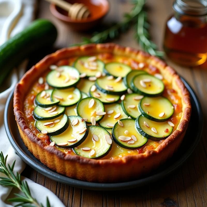 Pastel de calabacín y zucchini con queso de cabra y miel en molde redondo, dorado por encima con almendras fileteadas y hilo de miel, receta italiana sin harina.