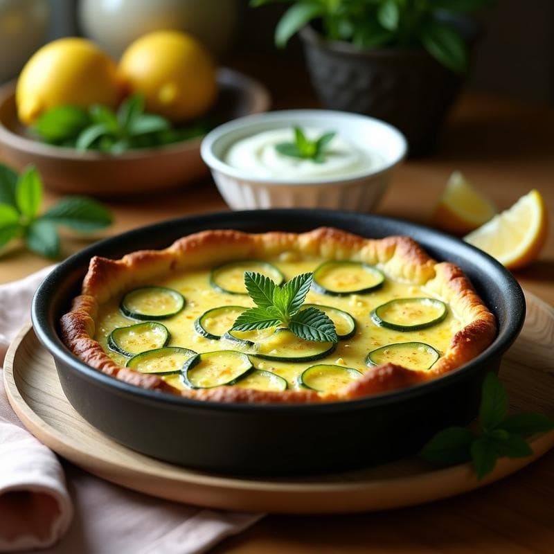 Pastel de calabacín y zucchini dorado recién horneado, cortado en porciones, servido en un plato blanco con salsa de yogur y menta verde fresca al lado. Receta griega sin gluten.