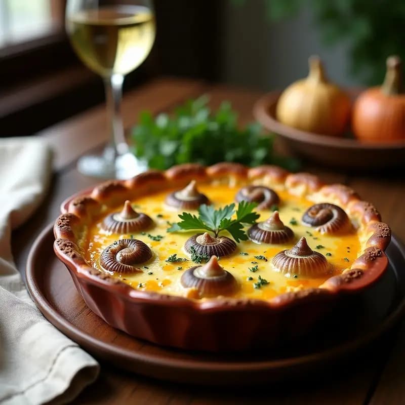 Pastel de caracoles a la Bourguignonne tradicional francés, horneado en molde de barro con capa dorada de pan rallado y queso Gruyère, servido con perejil fresco y salsa de mantequilla de ajo visible.