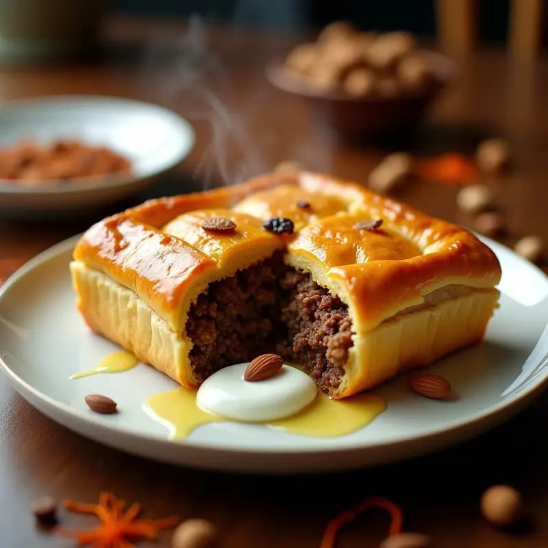 Pastel de Carne Árabe con azafrán y pasas servido en fuente de barro, con arroz basmati dorado, trozos de carne de cordero tierna, pasas rubias y almendras fileteadas. Plato tradicional de Bahrein en olla lenta.