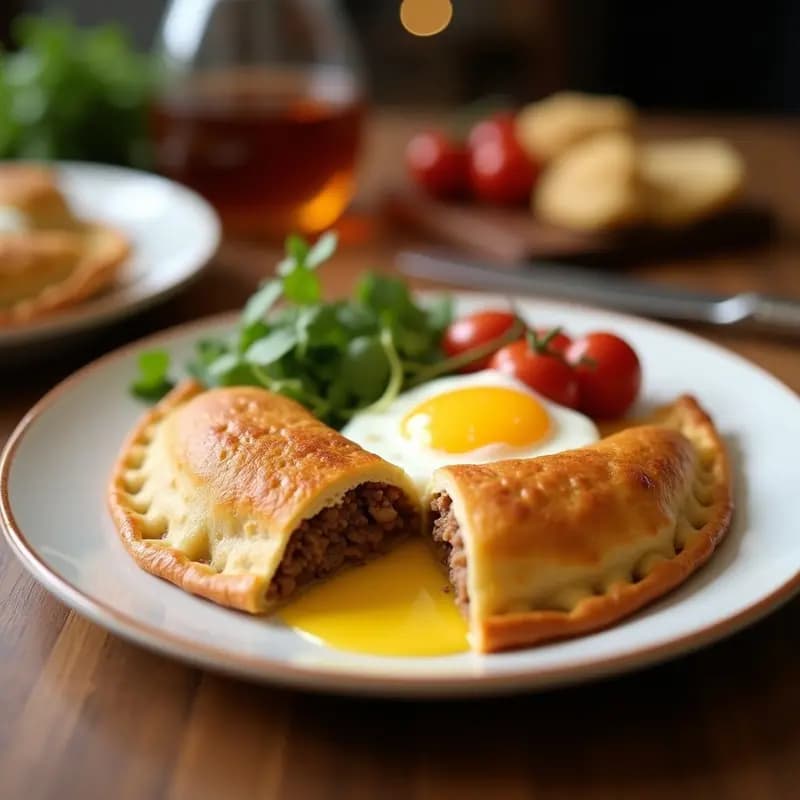 Pastel de carne argentino empanada de miga rellena de carne, huevo y aceitunas, dorado al horno en molde redondo, con superficie crujiente y corte en porción mostrando el relleno jugoso.