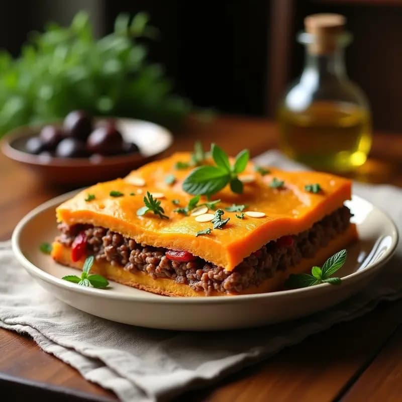 Pastel griego de carne y batata dulce sin gluten al horno, con capas doradas de batata, relleno jugoso de carne de cordero y aceitunas Kalamata, servido en molde rectangular con perejil fresco.
