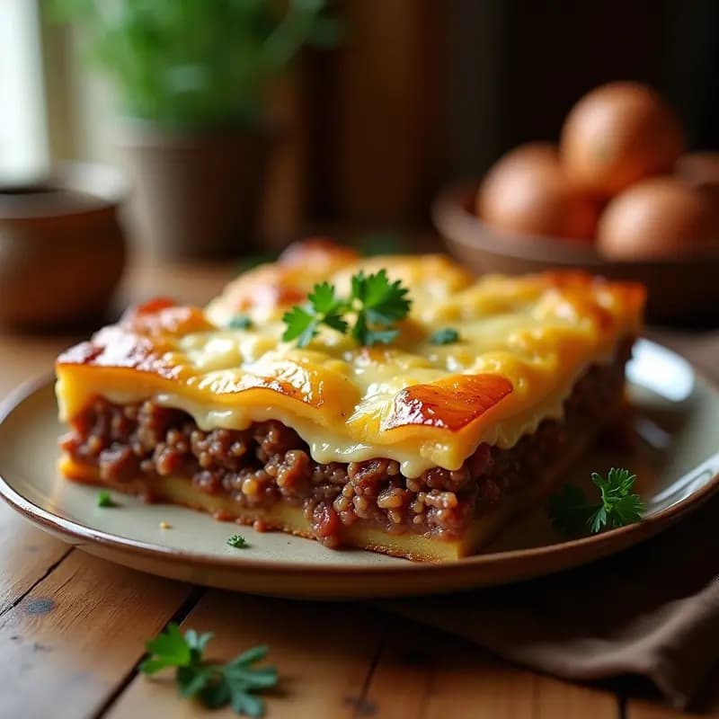 Pastel de carne a la Catalana con capas visibles de patata, carne picada con piñones y pasas, y queso gratinado, servido en molde rectangular de cerámica con bordes dorados.